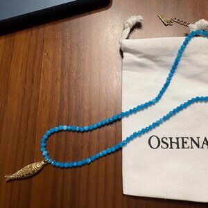 Oshena Jewelry Blue Turquoise Beaded Necklace 18K Gold Plated Fish Charm _NWT